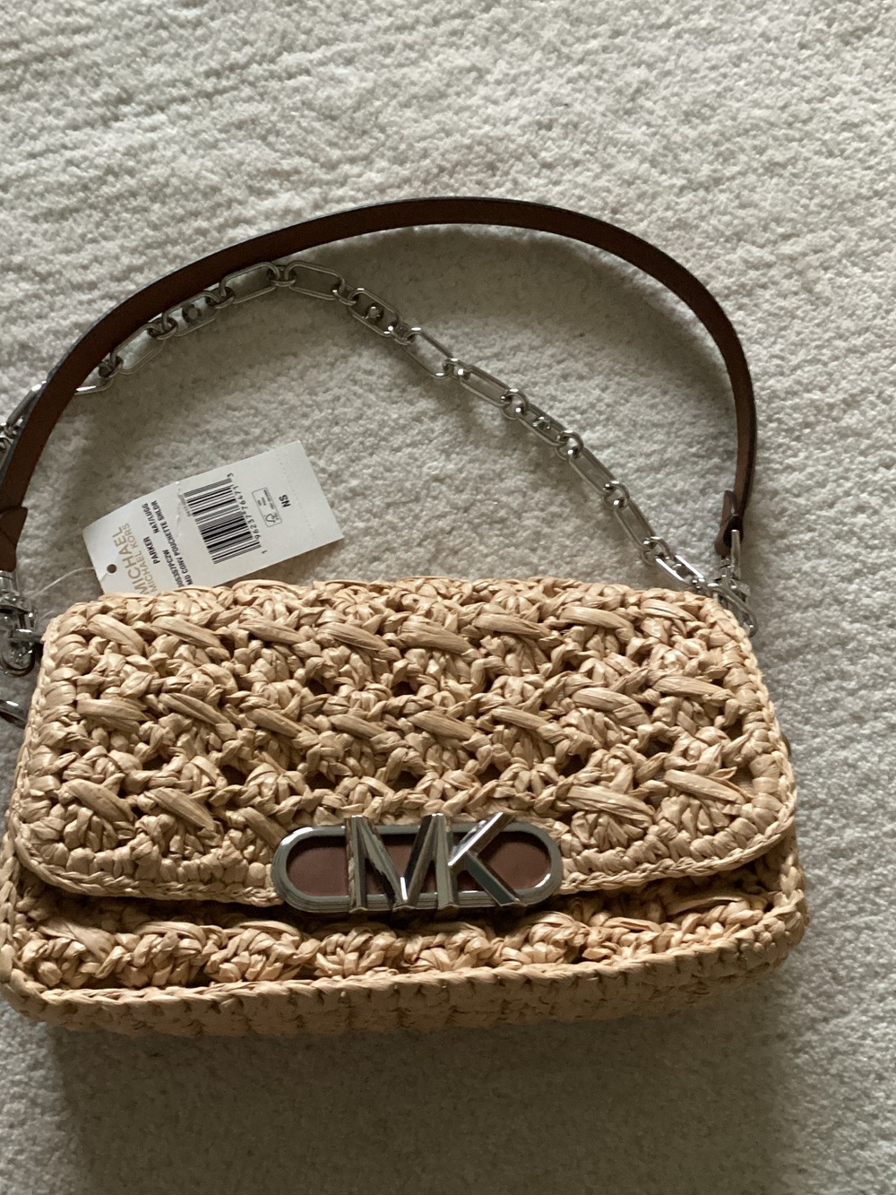 Michael Kors Natural Woven Crossbody with Brown Trim